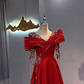 Red Asymmetric Rhinestone Neckline Waist-Cinched Fitted Long Evening Dress, Fairy Gown, Romantic Gown gh7411