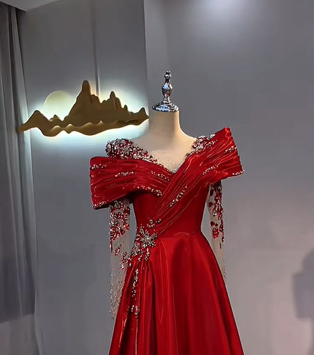 Red Asymmetric Rhinestone Neckline Waist-Cinched Fitted Long Evening Dress, Fairy Gown, Romantic Gown gh7411