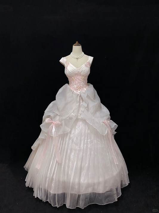 Blush Pink Spaghetti Strap Romantic Gown with Embroidery, Cinched Waist & Vintage Voluminous Princess Skirt, Wedding Dress & Bridal Gown gh8162