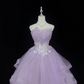 Lavender Strapless Cinched Waist Embroidered Voluminous Skirt Vintage Romantic Dress, Wedding Gown gh7982