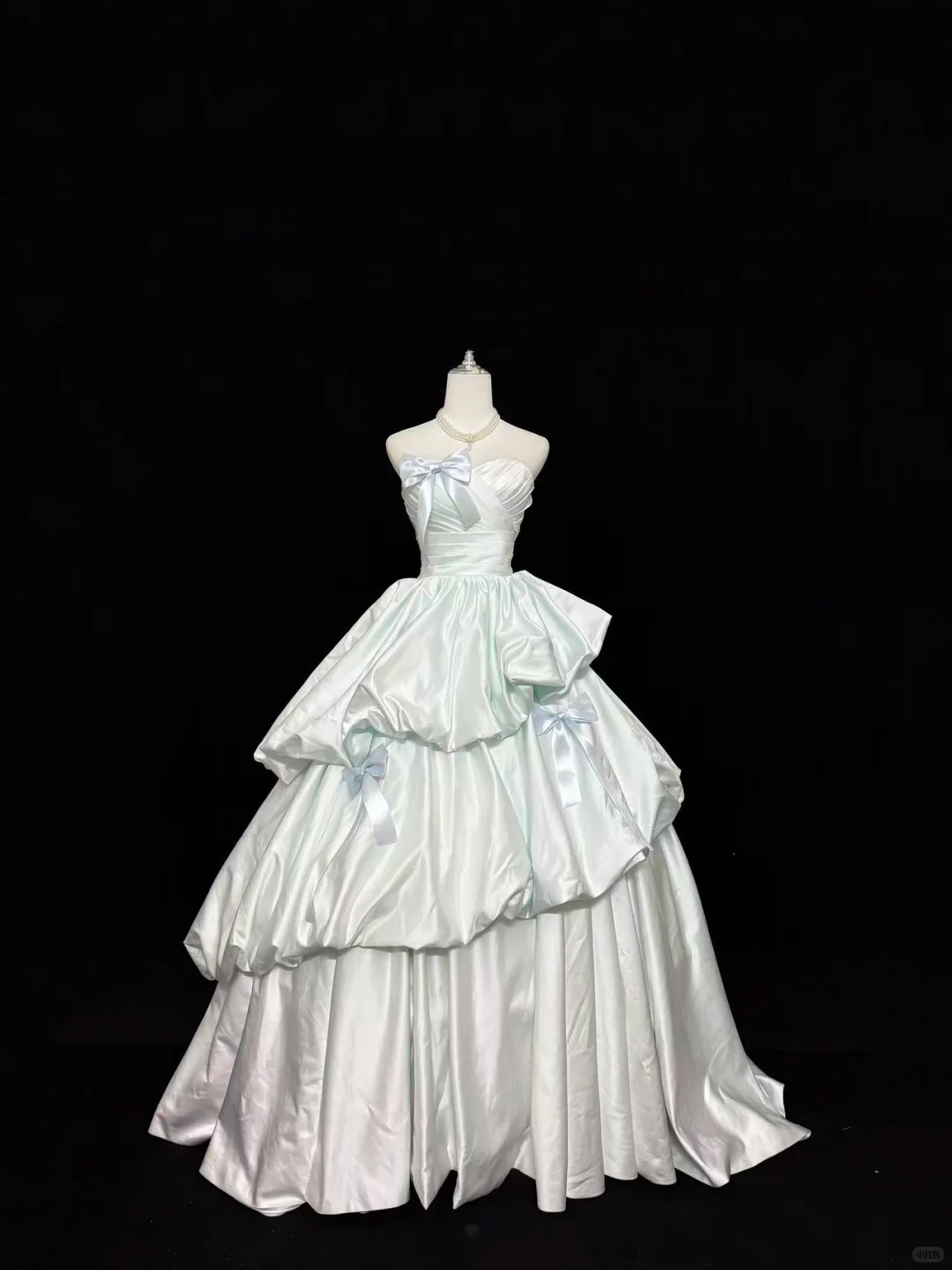 Sage Green Satin Premium Strapless Cinched Waist Voluminous Skirt Long Romantic Dress, Wedding Gown gh7856