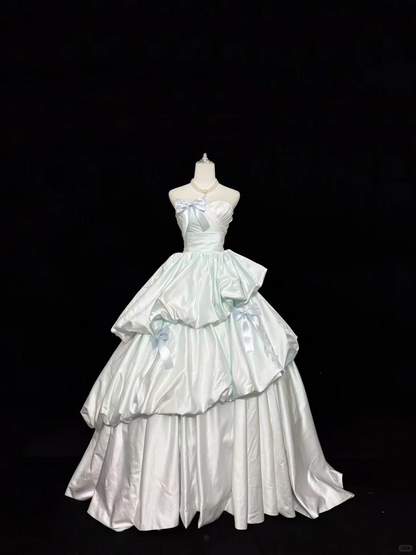 Sage Green Satin Premium Strapless Cinched Waist Voluminous Skirt Long Romantic Dress, Wedding Gown gh7856