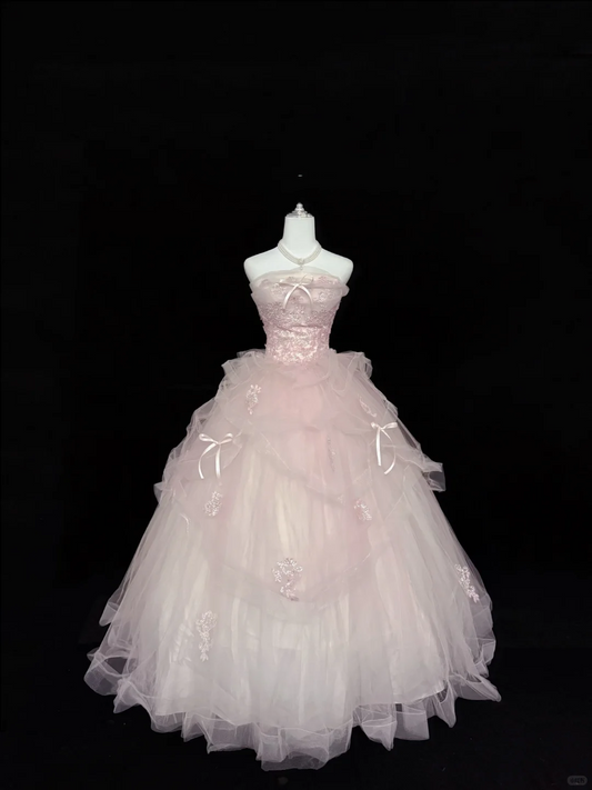 Blush Pink Strapless Cinched Waist Voluminous Skirt Long Romantic Dress, Wedding Gown gh7893