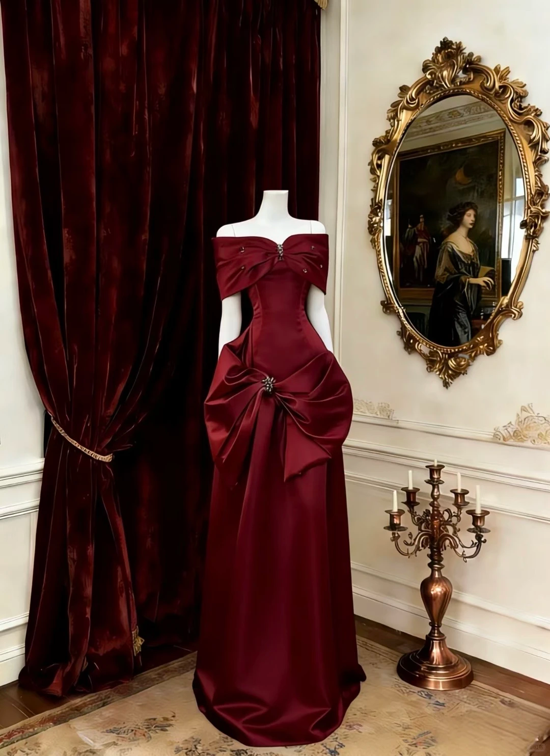 Bow Neck Off-Shoulder Waist-Cinched Fitted Unique Flared Long Evening Dress, Fairy Gown, Romantic Gown gh7488
