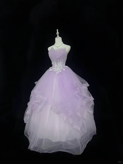 Lavender Strapless Cinched Waist Embroidered Voluminous Skirt Vintage Romantic Dress, Wedding Gown gh7982
