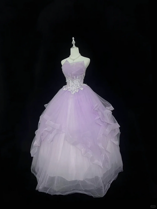 Lavender Strapless Cinched Waist Embroidered Voluminous Skirt Vintage Romantic Dress, Wedding Gown gh7982