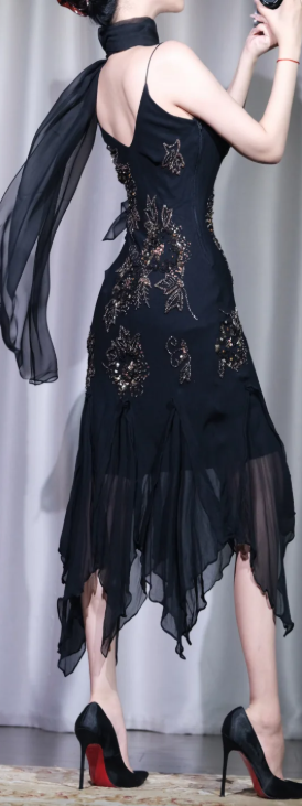 ✨Girlhomeshops-Spaghetti Straps Beaded Midi Prom Dress, Black Irregular Chiffon Evening Gown with Shawl gh9927