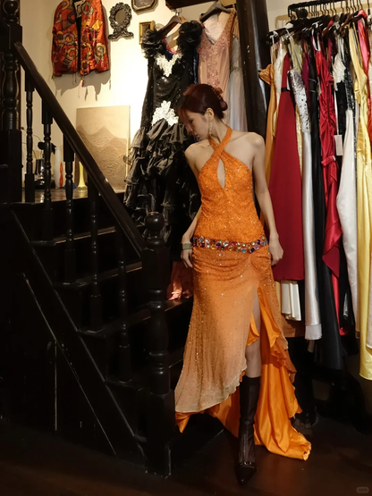 Orange Halter Cutout Sequin Prom Dress Color Gem Waist High Slit Tulle Train Evening Gown gh9860