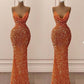 Orange gorgeous shiny V-neck mermaid slim spaghetti straps long sequined ball gown evening dress party dress gh2070