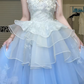 Light Blue Ombre Strapless Ball Gown, Lace Beaded Tiered Ruffle Tulle Prom Dress With Floral Embroidery for Party Banquet gh8960
