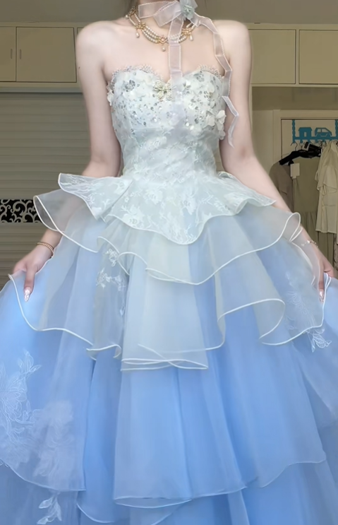 Light Blue Ombre Strapless Ball Gown, Lace Beaded Tiered Ruffle Tulle Prom Dress With Floral Embroidery for Party Banquet gh8960