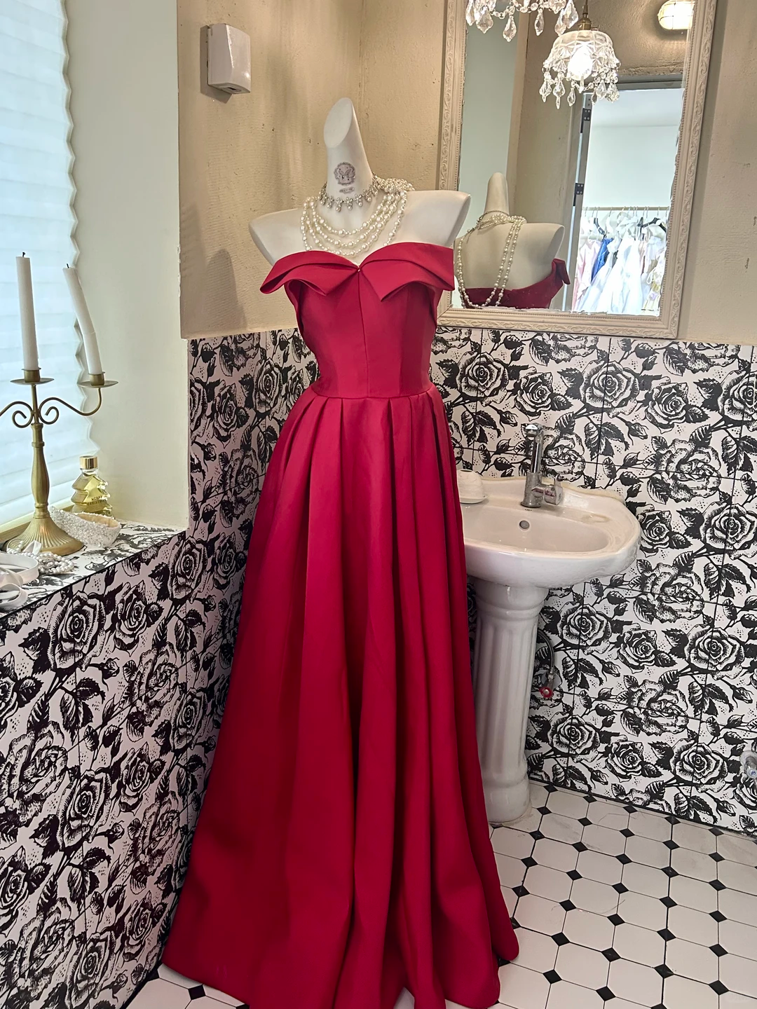 Red Satin Strapless Waist-Cinched Full Flared Skirt Sexy Romantic Dress, Wedding Gown gh7691