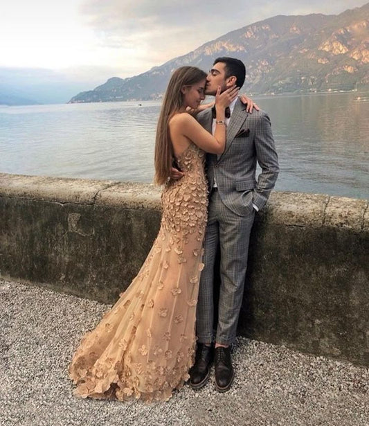Champagner Wunderschönes, elegantes, exquisites Blumenapplikationen-langes, schlankes Meerjungfrau-Ballkleid aus ärmellosem Tüll-Ballkleid, durchsichtiges Abendkleid für Hochzeit, Verlobung, Party, Kleid gh3667
