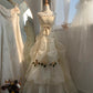 Robe de soirée élégante et exquise en tulle, longueur au sol, à volants, motif floral, ivoire, gh4133