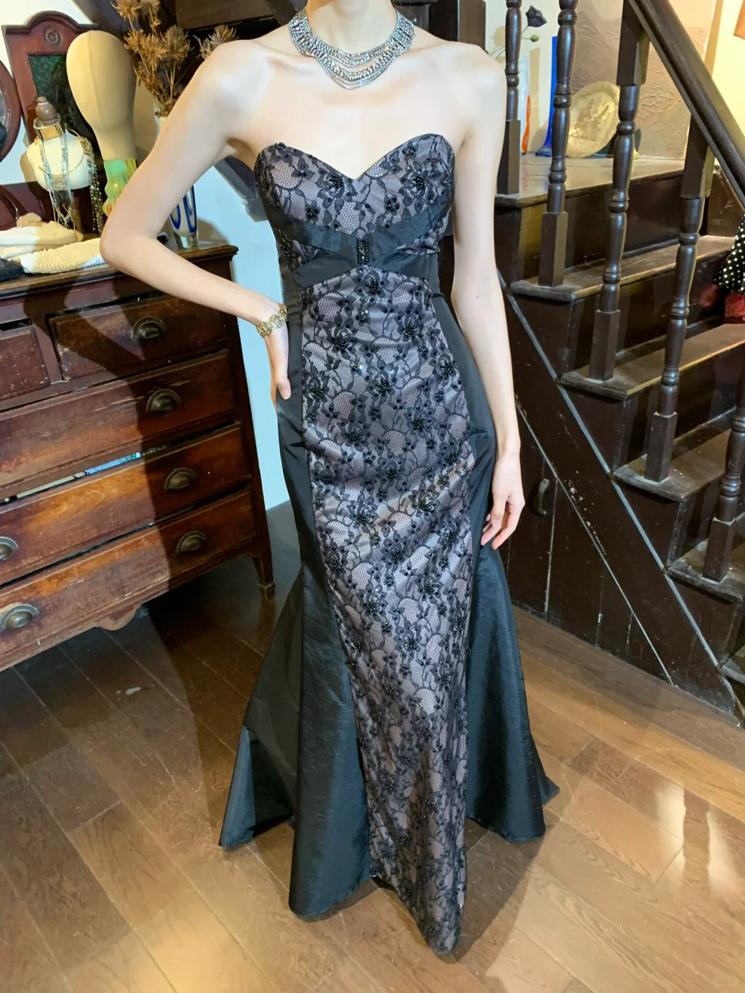 Black Lace Mermaid Long Evening Gown Strapless Sweetheart Sequin Prom Dress gh9854