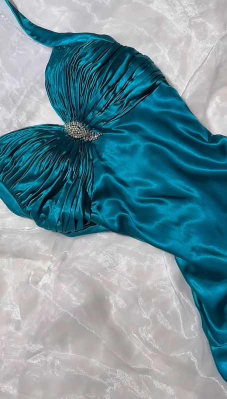 Vintage Elegant Lake Blue Satin Halter Prom & Evening Party Dress, Fitted Waist Slim Silhouette gh8540