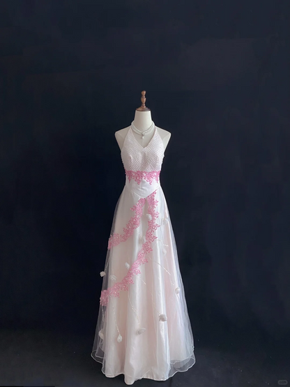 Blush Pink Halter Neck Long Elegant Romantic Dress with Waist Cinching Design, Wedding Dress & Bridal Gown gh8163