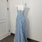 Light Blue Floral Spaghetti Strap Long Prom Evening Gown With Boning & Waist Cinching gh7220