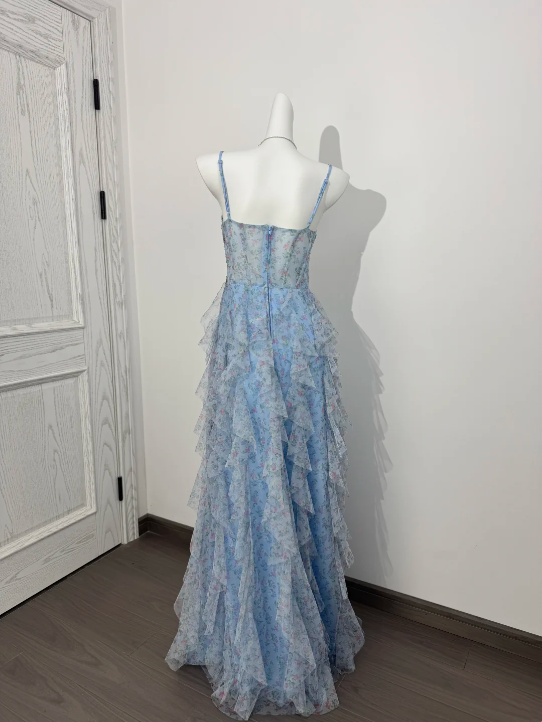 Light Blue Floral Spaghetti Strap Long Prom Evening Gown With Boning & Waist Cinching gh7220