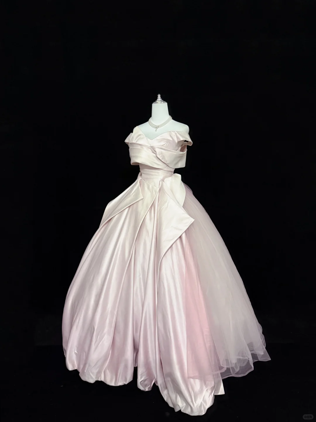 Blush Pink Satin Off-the-Shoulder Cinched Waist Bubble Voluminous Skirt Long Romantic Dress, Wedding Gown gh7894