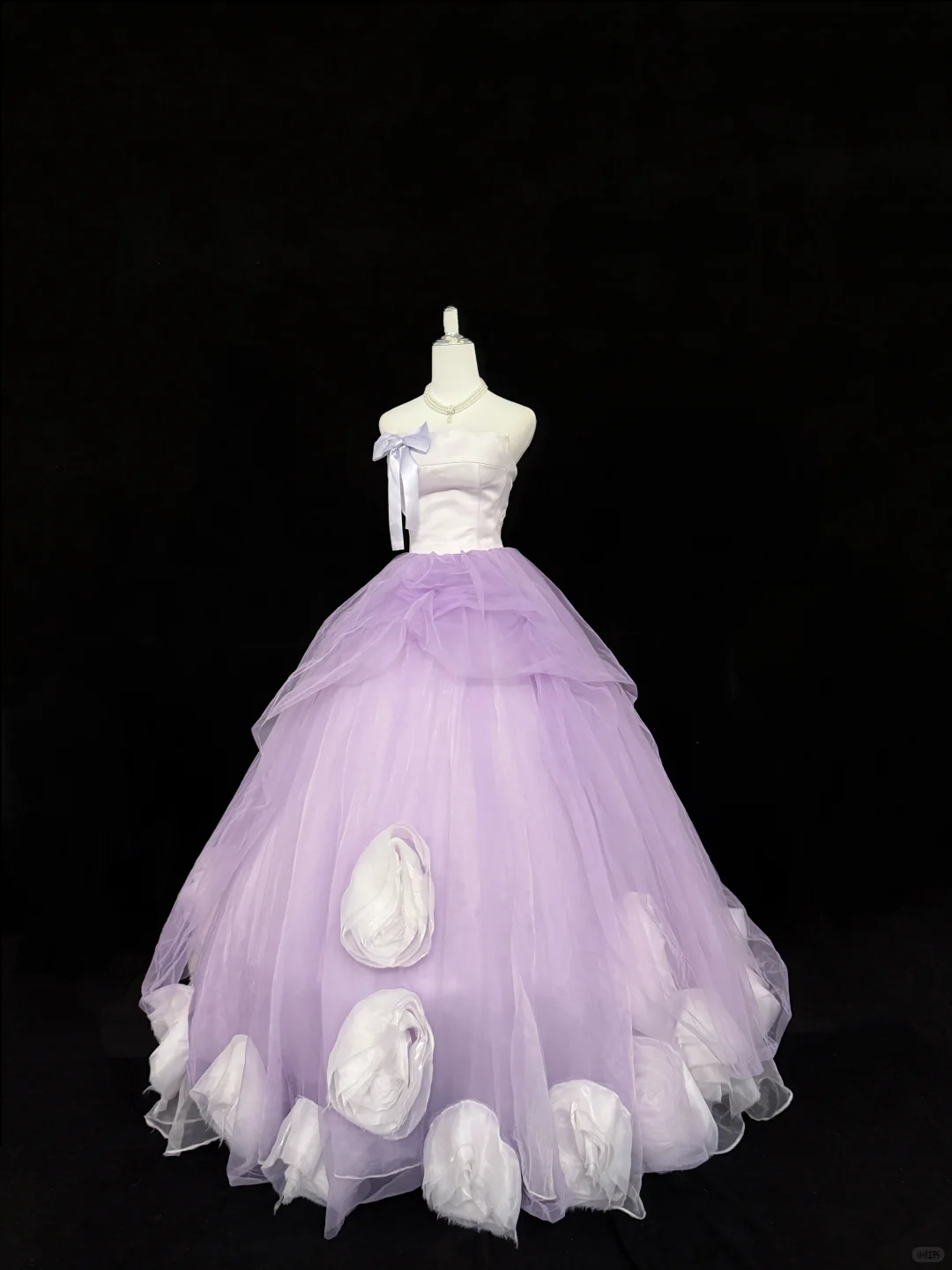 White Satin Strapless Cinched Waist Lavender Voluminous Skirt Romantic Dress, Wedding Gown gh7857