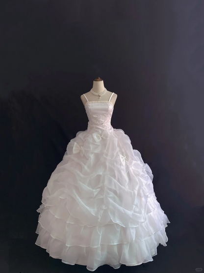 White Spaghetti Strap Romantic Gown, Cinched Waist, Voluminous Princess Skirt, Wedding Dress & Bridal Gown gh8203