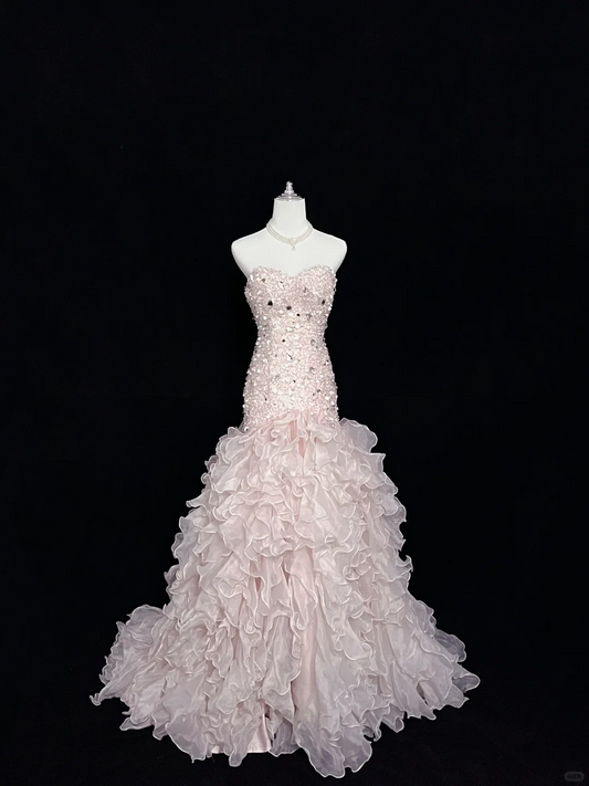 Blush Pink Sequin Strapless, Cinched Waist, Slim Bodycon Sexy Long Romantic Dress, Wedding Gown gh8079