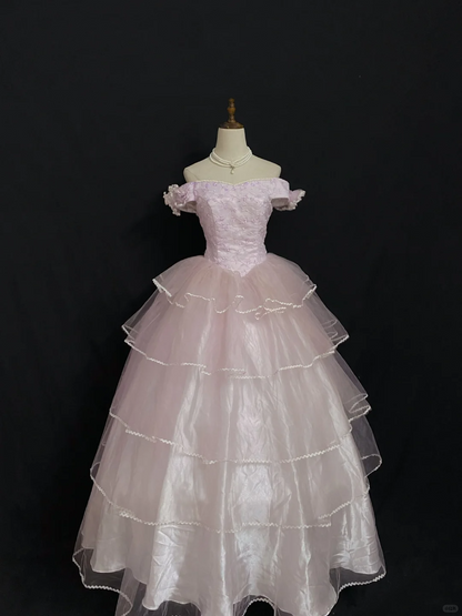 Long Romantic Gown in gradient blush pink, off-the-shoulder design, fitted waist and fluffy tiered cake skirt, wedding dress & bridal gown gh8294