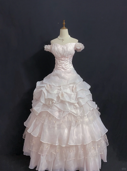 Blush Pink Off-the-Shoulder Long Romantic Wedding Dress, Cinched Waist, Voluminous Princess Skirt gh8344