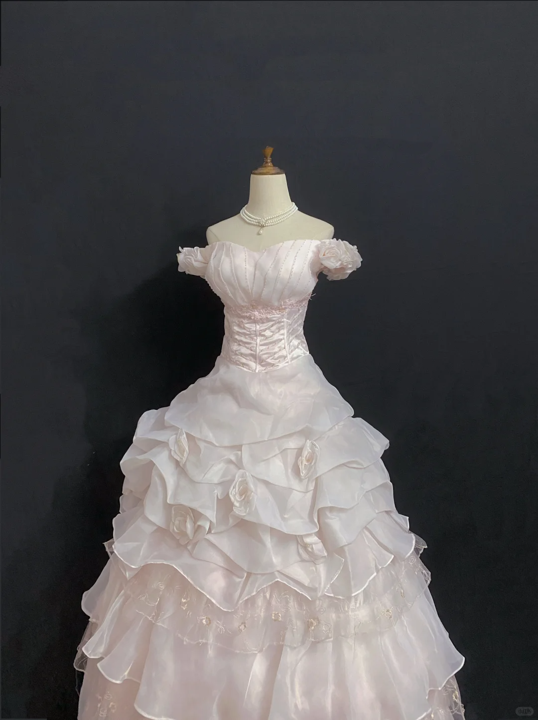 Blush Pink Off-the-Shoulder Long Romantic Wedding Dress, Cinched Waist, Voluminous Princess Skirt gh8344