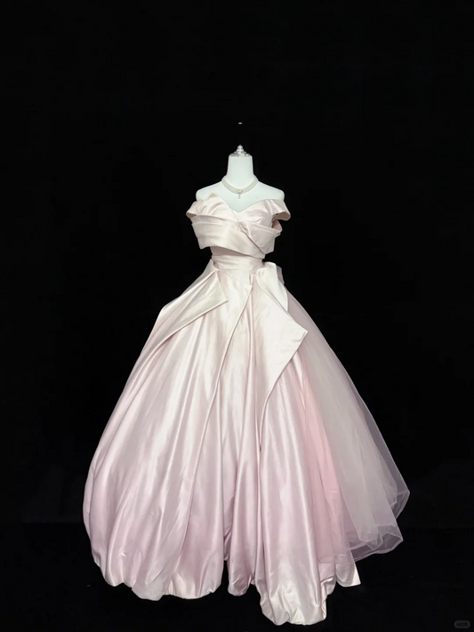 Blush Pink Satin Off-the-Shoulder Cinched Waist Bubble Voluminous Skirt Long Romantic Dress, Wedding Gown gh7894