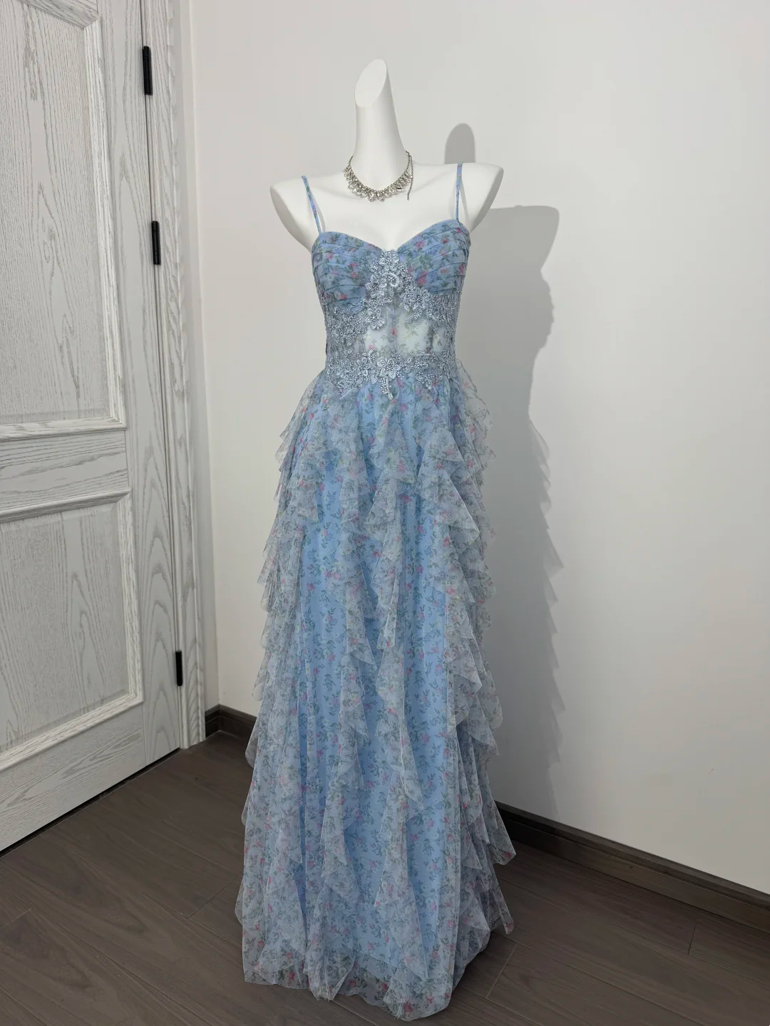 Light Blue Floral Spaghetti Strap Long Prom Evening Gown With Boning & Waist Cinching gh7220