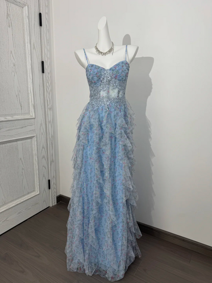 Light Blue Floral Spaghetti Strap Long Prom Evening Gown With Boning & Waist Cinching gh7220