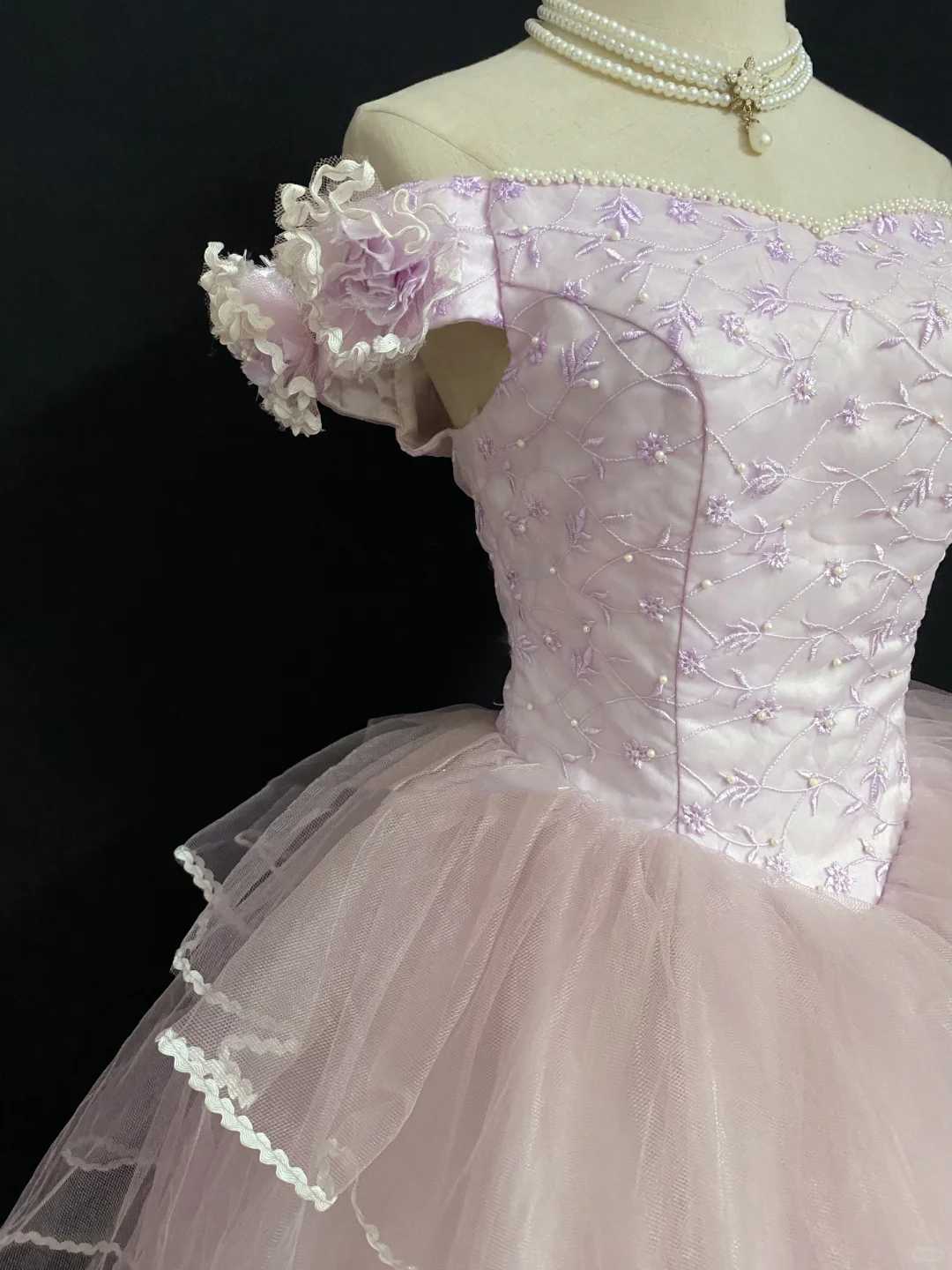 Long Romantic Gown in gradient blush pink, off-the-shoulder design, fitted waist and fluffy tiered cake skirt, wedding dress & bridal gown gh8294