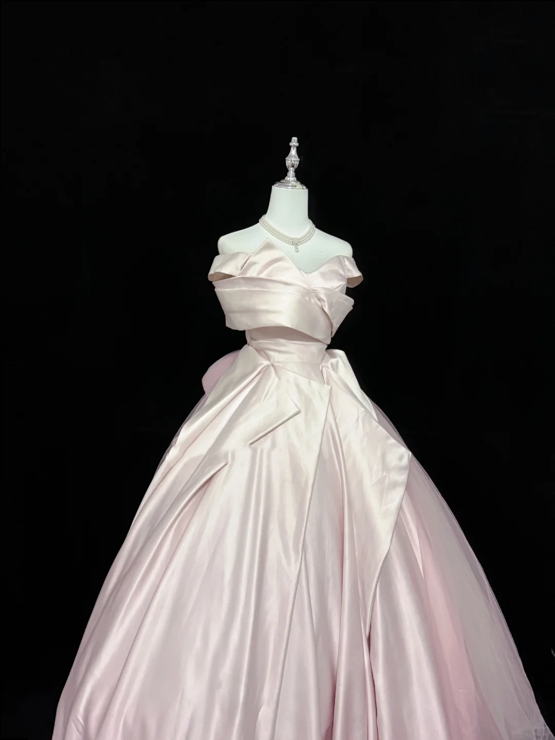 Blush Pink Satin Off-the-Shoulder Cinched Waist Bubble Voluminous Skirt Long Romantic Dress, Wedding Gown gh7894