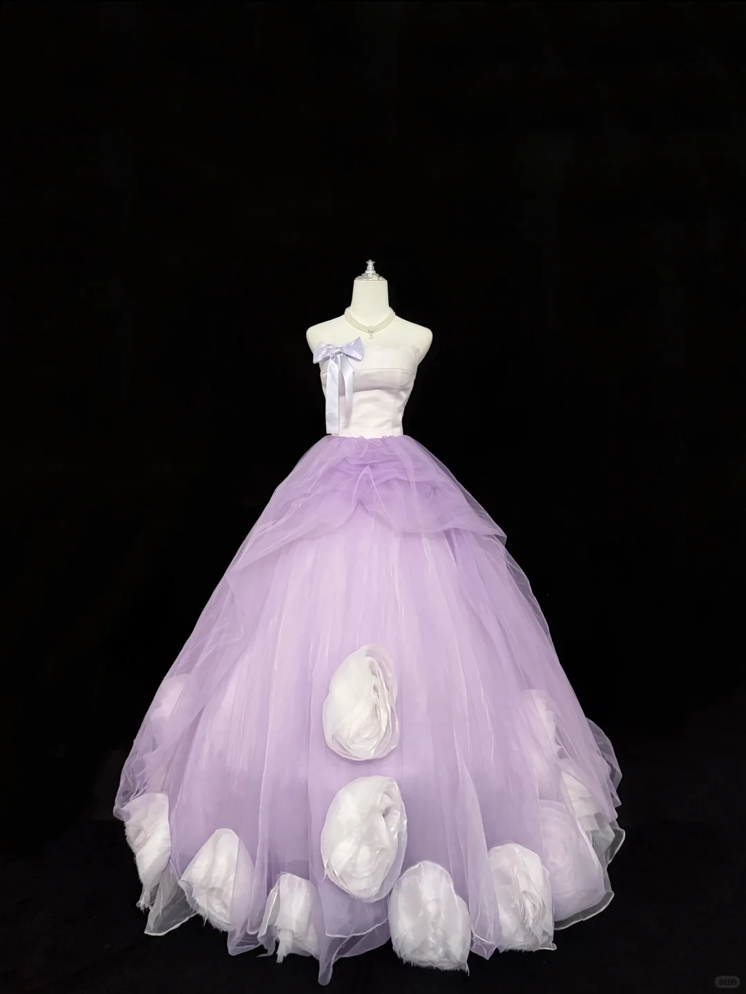 White Satin Strapless Cinched Waist Lavender Voluminous Skirt Romantic Dress, Wedding Gown gh7857