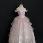 Long Romantic Gown in gradient blush pink, off-the-shoulder design, fitted waist and fluffy tiered cake skirt, wedding dress & bridal gown gh8294