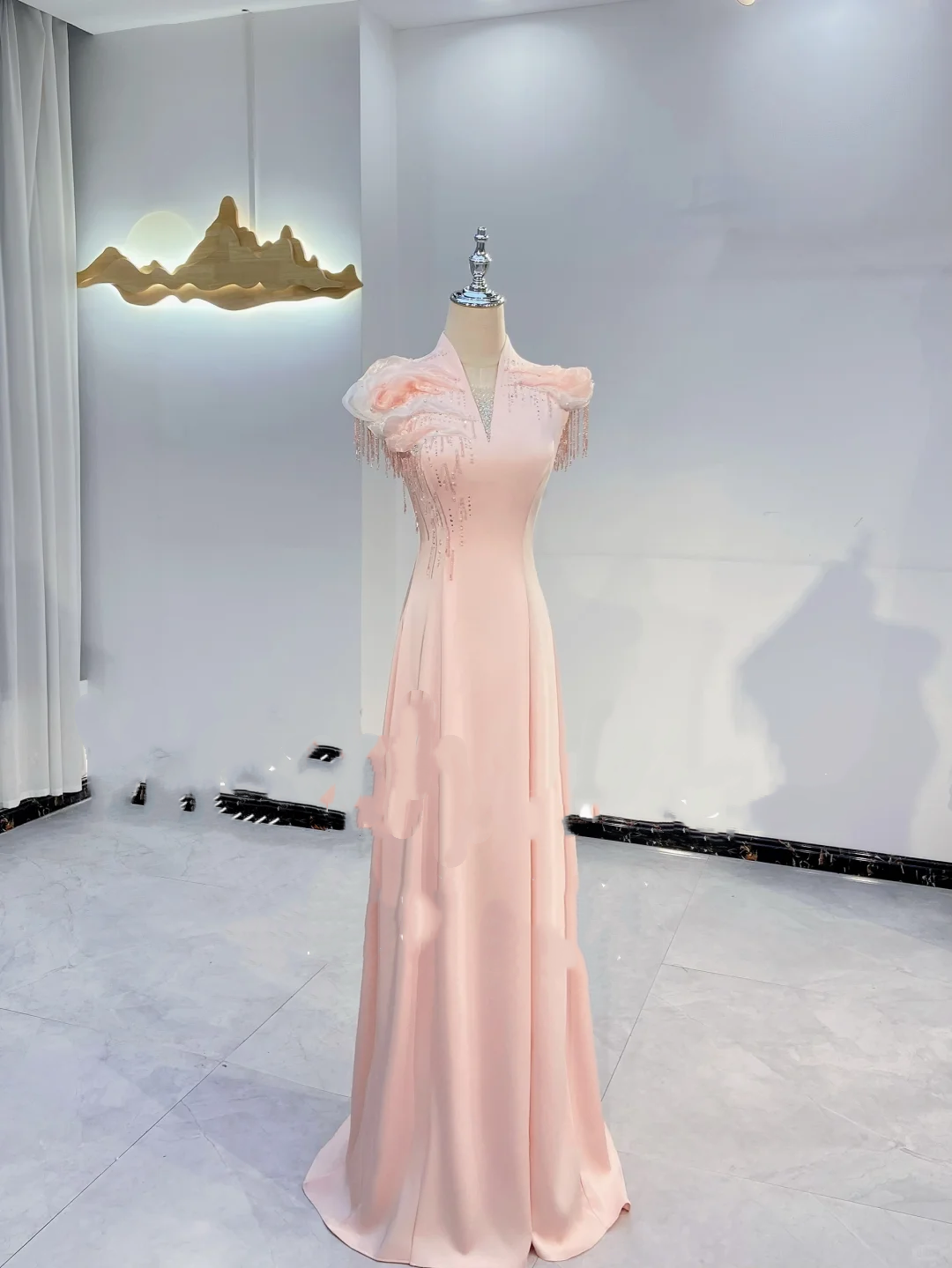 Light Pink V-Neck Waist-Cinched Fitted Elegant Evening Dress, Fairy Gown, Romantic Gown gh7410
