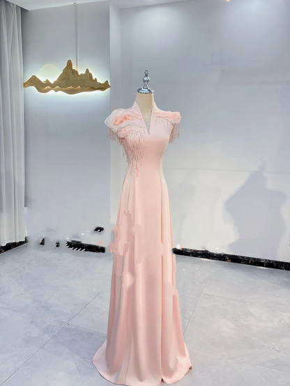 Light Pink V-Neck Waist-Cinched Fitted Elegant Evening Dress, Fairy Gown, Romantic Gown gh7410