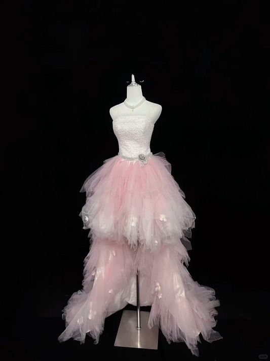 Blush Pink Spaghetti Strap Sexy Cinched Waist Short Bodice Floor Sweeping Skirt Romantic Dress, Wedding Gown gh7943