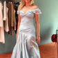 Robe de soirée longue en satin bleu, élégante et simple, épaules dénudées, robe de bal, robe de fête, robe d'anniversaire, robe de remise de diplôme, gh3018