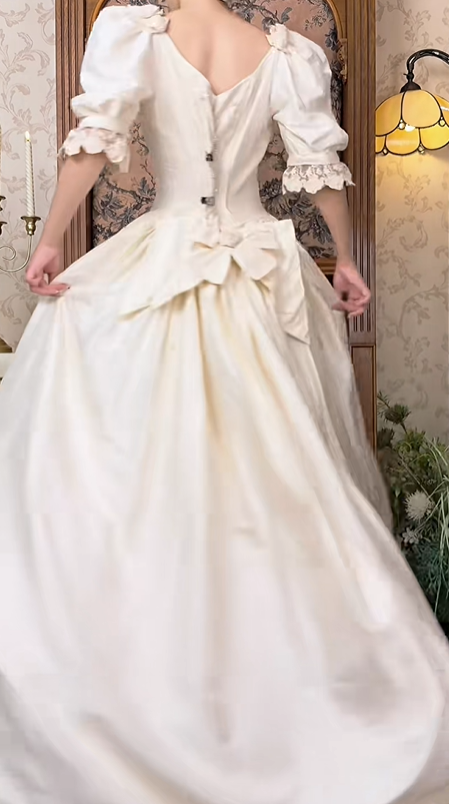 Off‑White Vintage Puff Sleeve Fitted Waist Full Flared Skirt Luxury Prom Gown, Wedding Dress gh8600