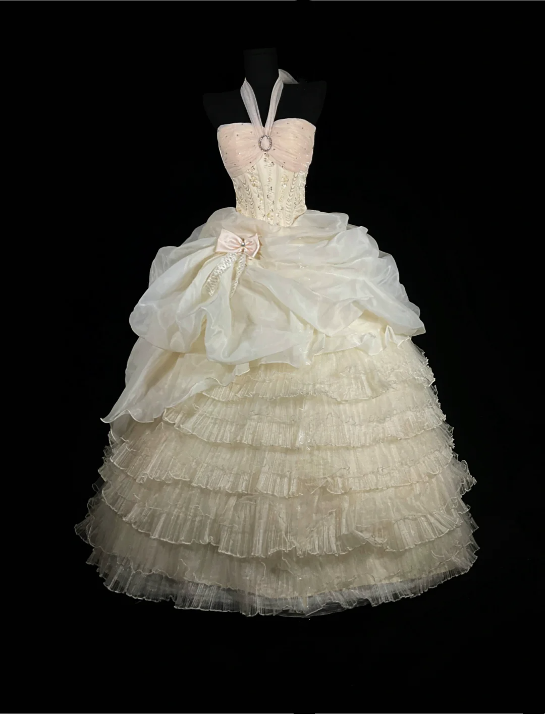 Pale Apricot Halter Neck, Waist-Cinched Slim Evening Gown with Tiered Ruffle Skirt for Parties & Balls gh7160