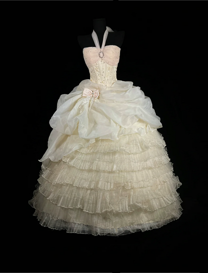 Pale Apricot Halter Neck, Waist-Cinched Slim Evening Gown with Tiered Ruffle Skirt for Parties & Balls gh7160