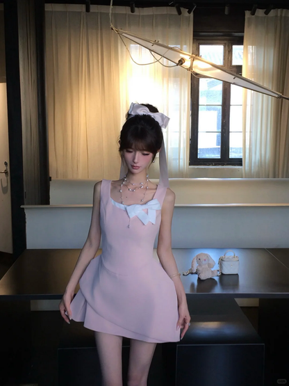 Women Sweet Light Pink Sleeveless Homecoming Dress Square Neck White Bow Asymmetric Ruffle Short Party Dress gh9415