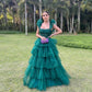 Robe de bal longue en tulle vert chasseur/vert émeraude, coupe trapèze, bretelles, à volants, gh2771