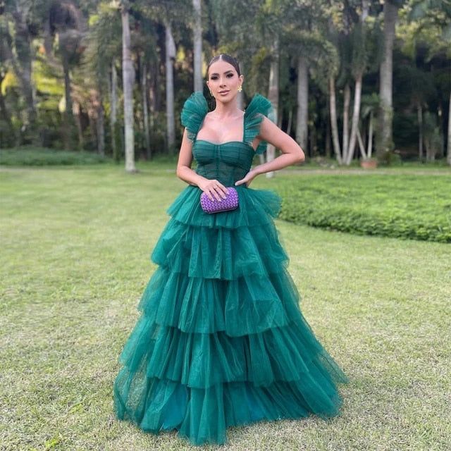 Robe de bal longue en tulle vert chasseur/vert émeraude, coupe trapèze, bretelles, à volants, gh2771