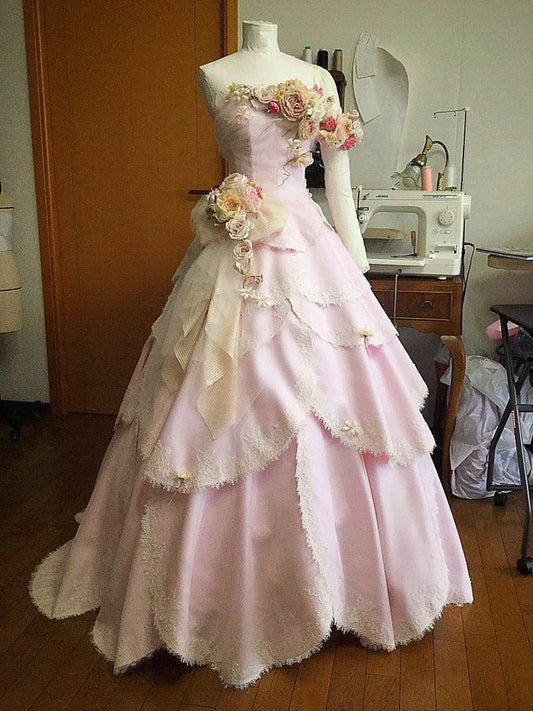 Rosa Wunderschöne Vintage-Mode Elegante Exquisite Blumenapplikationen Lange Spitze Satin Ballkleid Abendkleid Partykleid Hochzeitskleid gh3436