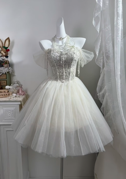 Off White Short Cocktail Dress, Off Shoulder Tulle Flutter Sleeve Heavy Beaded Corset Homecoming Gown gh9275