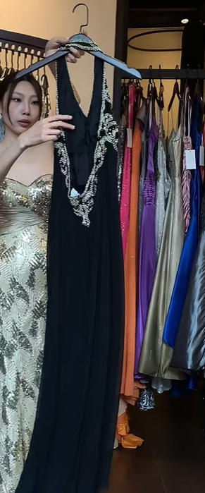 Black Halter Deep V Hand Beaded Rhinestone Chiffon Long Straight Evening Prom Dress gh9754